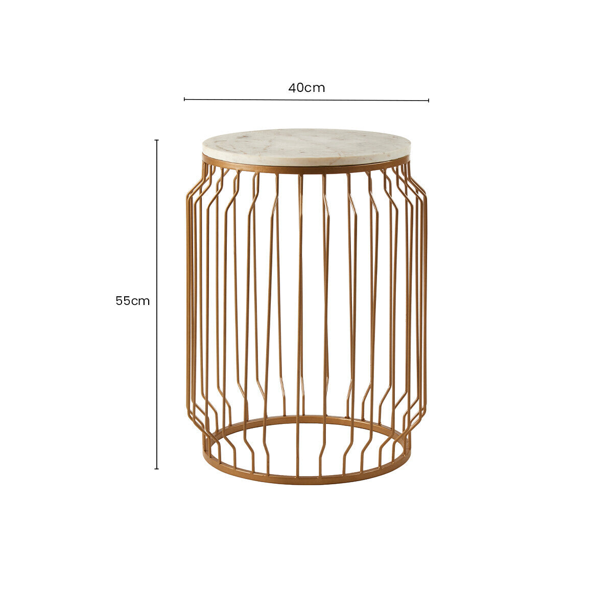 White Marble Top Round Side Table with Reflective Gold Wireframe Metallic Base, Shalimar