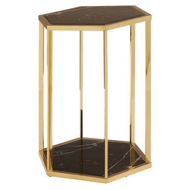 Hexagonal End Table with Black Marble Top and Bottom and Gold Finish Stainless Steel Frame, Piermount