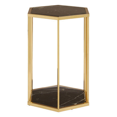 Hexagonal End Table with Black Marble Top and Bottom and Gold Finish Stainless Steel Frame, Piermount