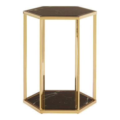 Hexagonal End Table with Black Marble Top and Bottom and Gold Finish Stainless Steel Frame, Piermount