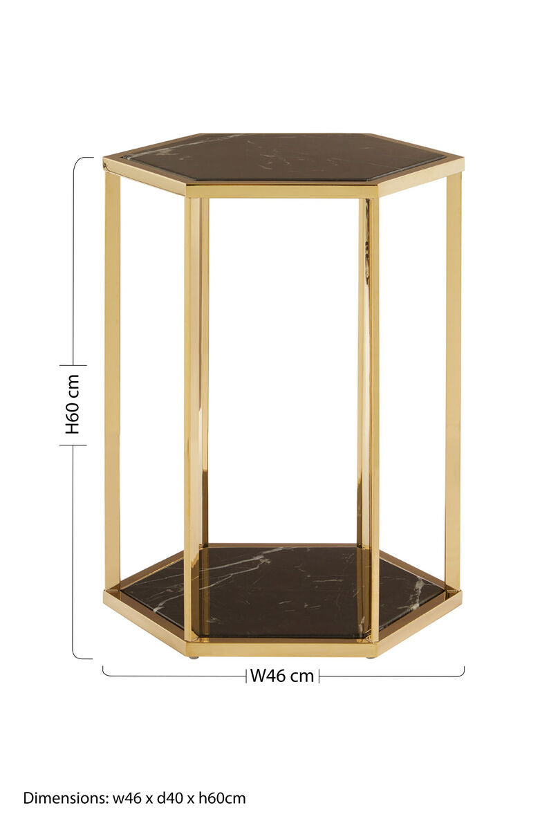 Hexagonal End Table with Black Marble Top and Bottom and Gold Finish Stainless Steel Frame, Piermount