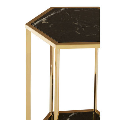 Hexagonal End Table with Black Marble Top and Bottom and Gold Finish Stainless Steel Frame, Piermount