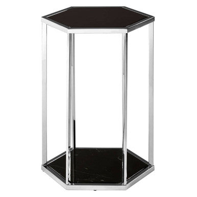 Hexagonal End Table with Black Marble Top and Bottom and Silver Finish Stainless Steel Frame, Piermount