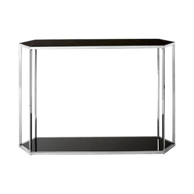 Silver Solid Steel Frame Console Table with Black Marble Top and Bottom, Piermount