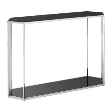 Silver Solid Steel Frame Console Table with Black Marble Top and Bottom, Piermount