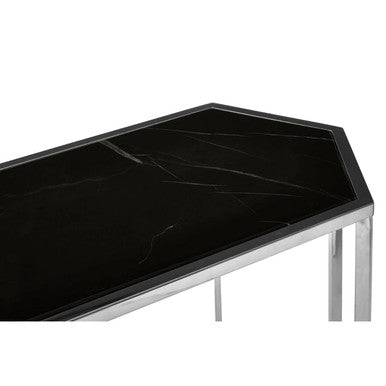 Silver Solid Steel Frame Console Table with Black Marble Top and Bottom, Piermount