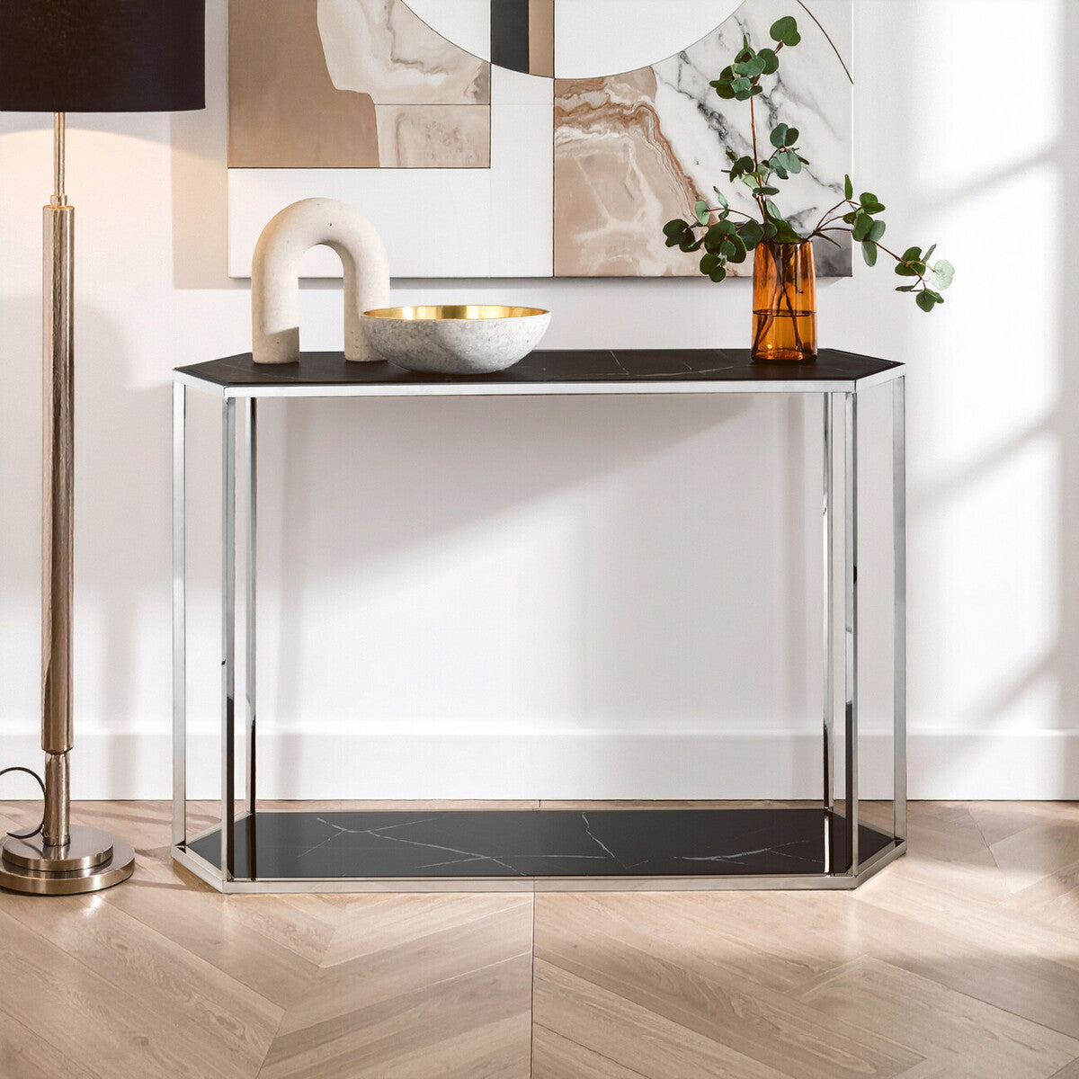 Silver Solid Steel Frame Console Table with Black Marble Top and Bottom, Piermount