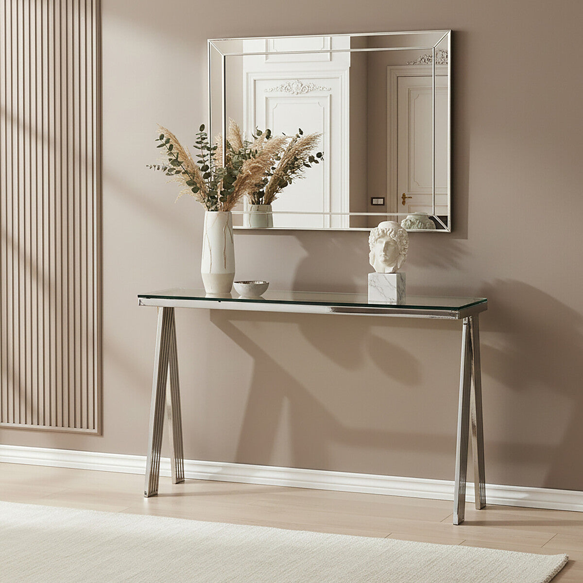 Clear Glass Top Console Table with Silver Finish Stainless Steel Base, Piermount