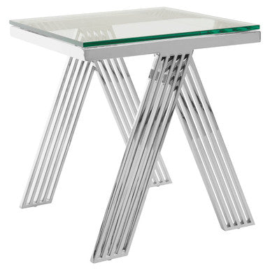 Clear Glass Top End Table with Silver Finish Stainless Steel Slim Lines Frame, Piermount