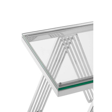 Clear Glass Top End Table with Silver Finish Stainless Steel Slim Lines Frame, Piermount