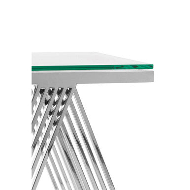 Clear Glass Top End Table with Silver Finish Stainless Steel Slim Lines Frame, Piermount