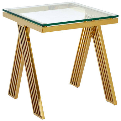Clear Glass Top End Table with Gold Finish Stainless Steel Slim Lines Frame, Piermount