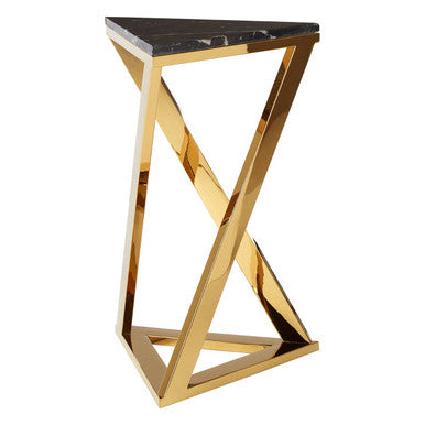 Black Marble Top End Table with Gold-Finished Steel Three Angled Legs and Triangular Base, Piermount