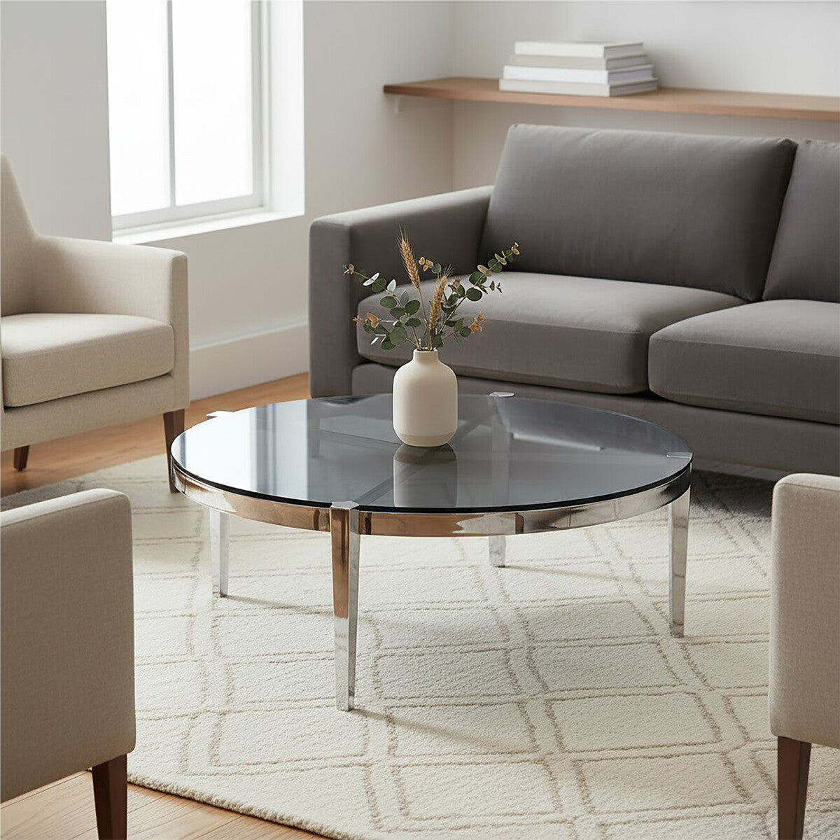 Round Coffee Table with Smoky Grey Glass Top, Piermount