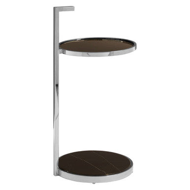Two Tier Round End Table with Black Marble and Glass Top, Piermount