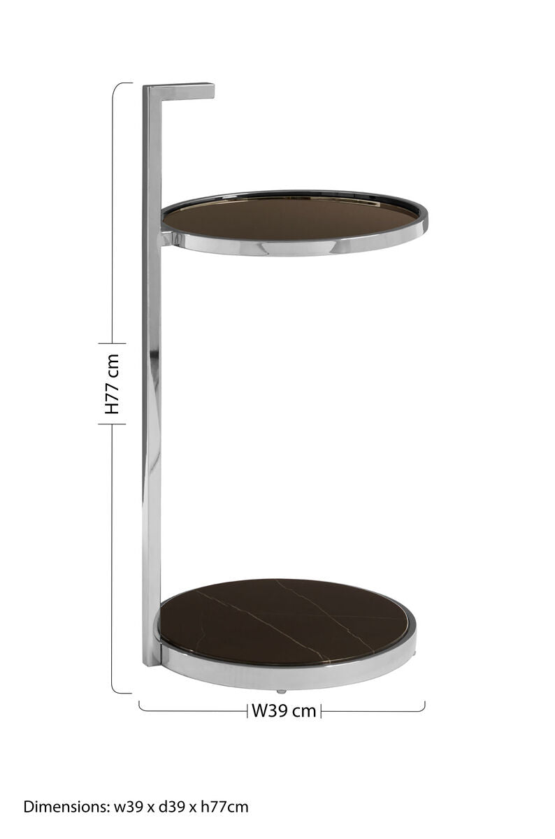 Two Tier Round End Table with Black Marble and Glass Top, Piermount