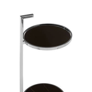 Two Tier Round End Table with Black Marble and Glass Top, Piermount