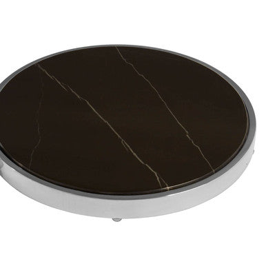 Two Tier Round End Table with Black Marble and Glass Top, Piermount