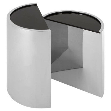Set of 2 Semicircular Black Glass Top End Tables with Silver Finish Steel Frame, Piermount