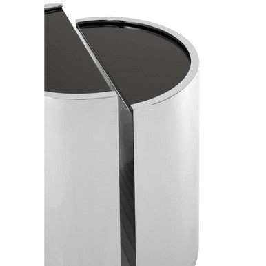 Set of 2 Semicircular Black Glass Top End Tables with Silver Finish Steel Frame, Piermount