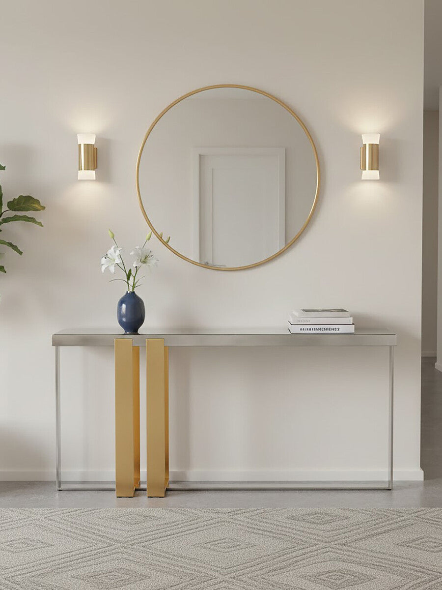 Frosted Glass Console Table with Gold and Silver Finish Frame, Demas