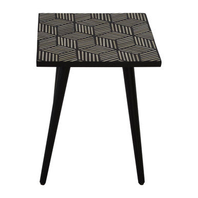 Black and White Top Bone Inlay Side Table with 4 Angular Legs, Boho