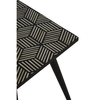 Black and White Top Bone Inlay Side Table with 4 Angular Legs, Boho