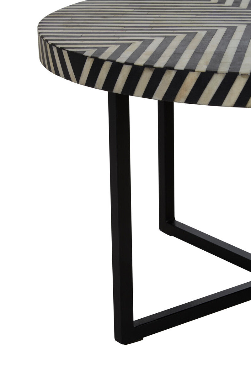 Black and White Top Bone Inlay Coffee Table with Black Metal Legs, Boho