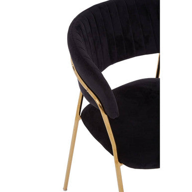 Tamzin Black Velvet Channel Tufted Dining Chair with Gold Finish Legs
