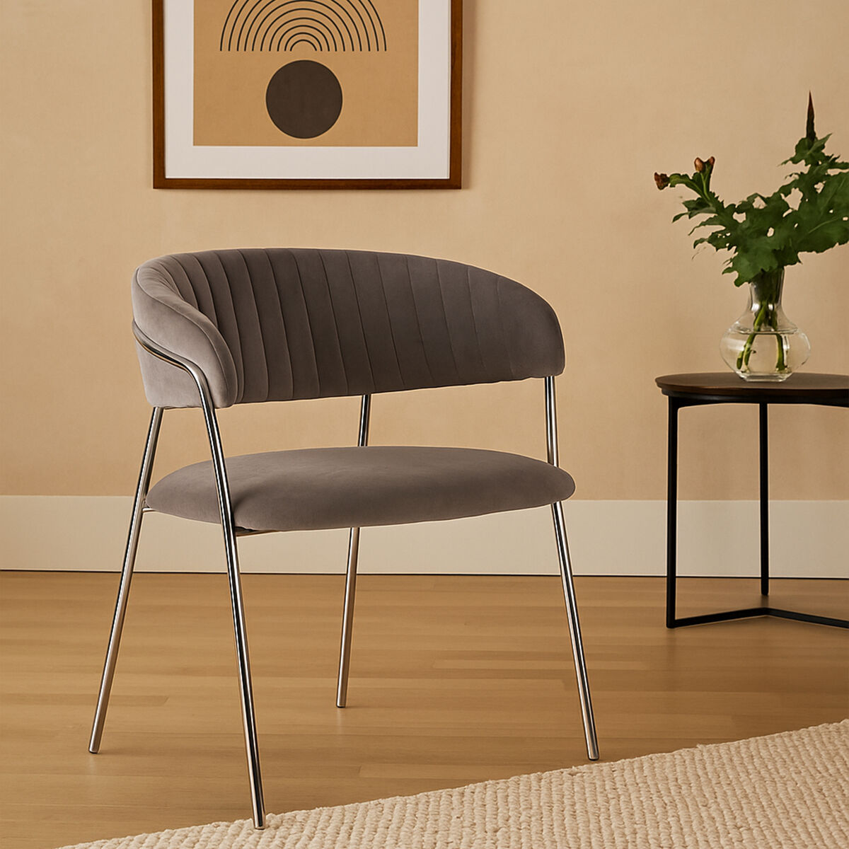 Tamzin Mink Velvet Channel Tufted and Chrome Finish Dining Chair