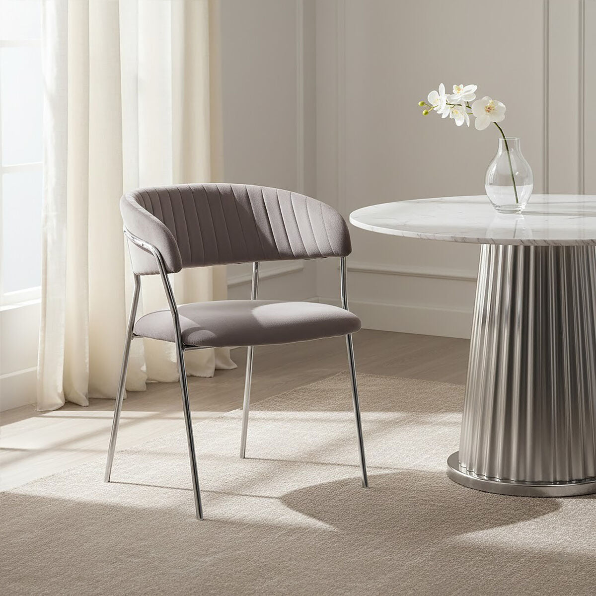 Tamzin Mink Velvet Channel Tufted and Chrome Finish Dining Chair