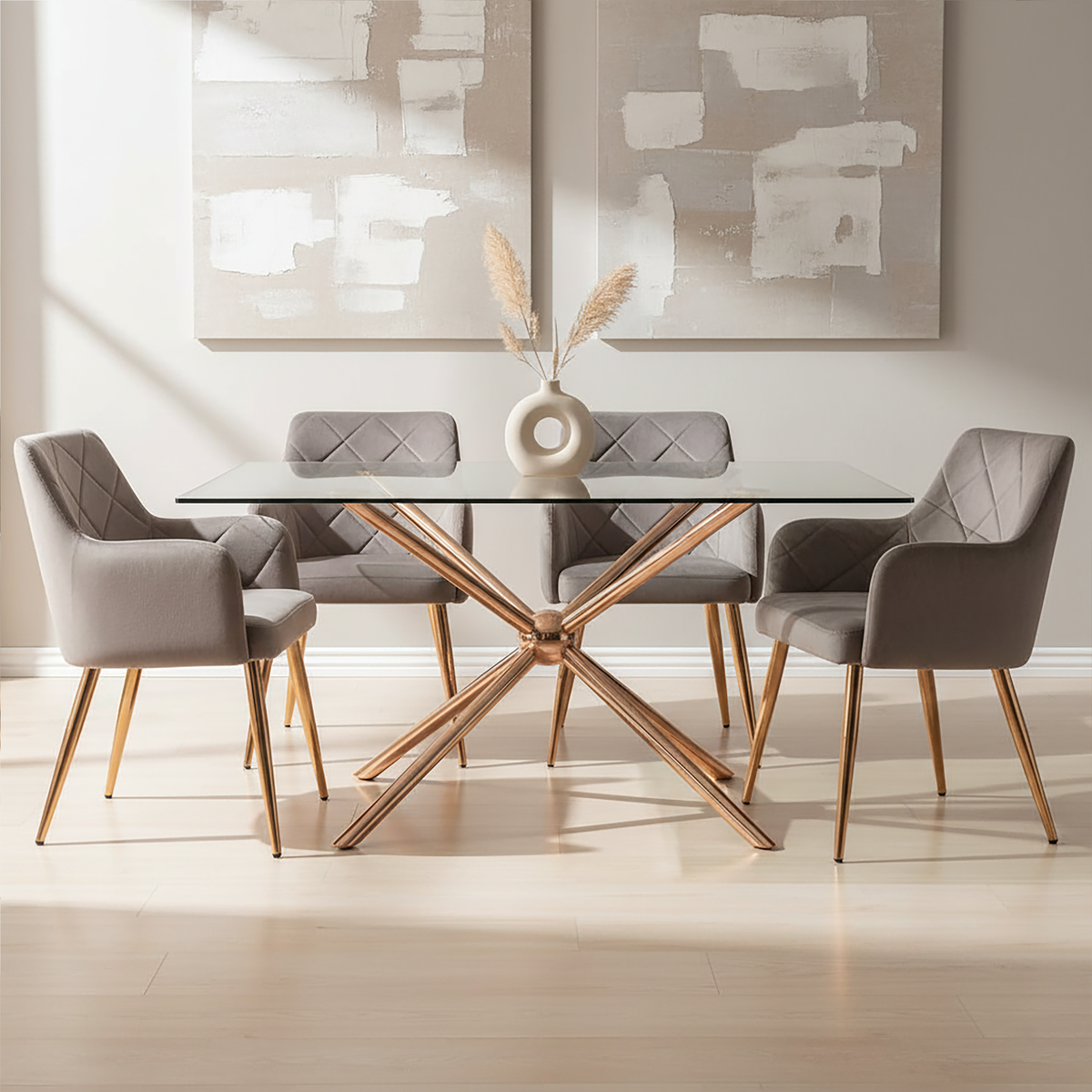Tamzin Mink Velvet Quilted Dining Chair with Gold Finish Legs