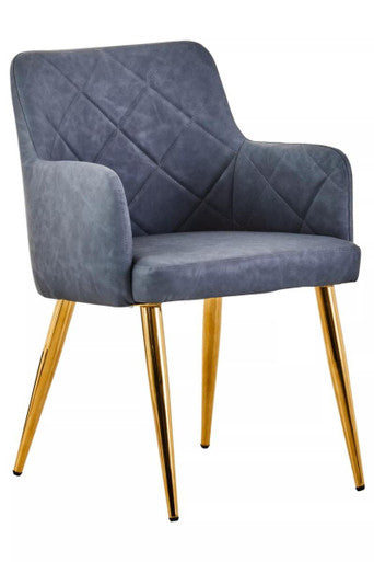 Tamzin Dark Grey Leather Effect Quilted Dining Chair with Gold Metal Legs