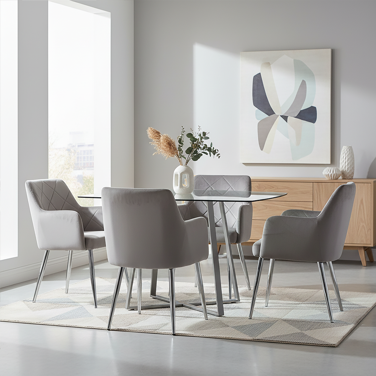 Tamzin Mink Velvet Quilted Dining Chair with Chrome Finish Legs