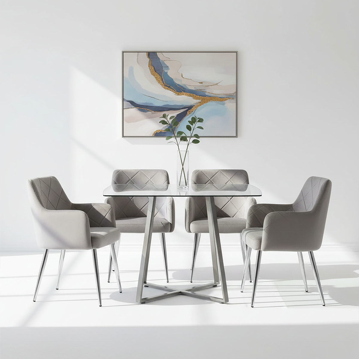 Tamzin Mink Velvet Quilted Dining Chair with Chrome Finish Legs