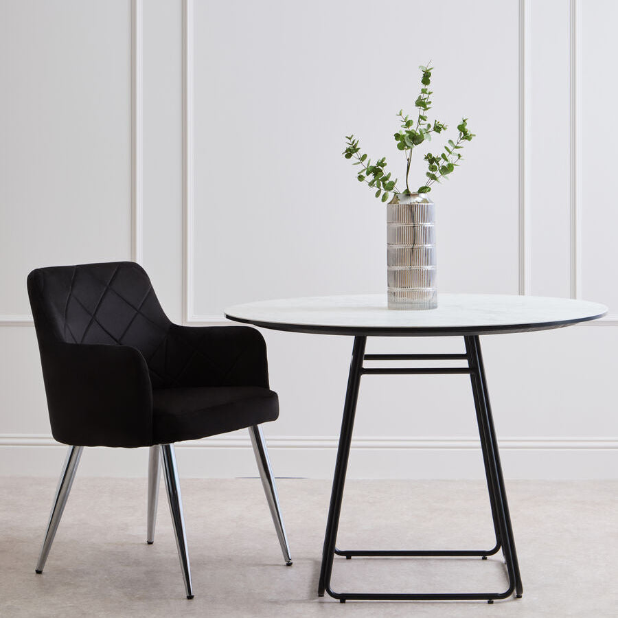 Tamzin Black Velvet Quilted Dining Chair with Chrome Finish Legs