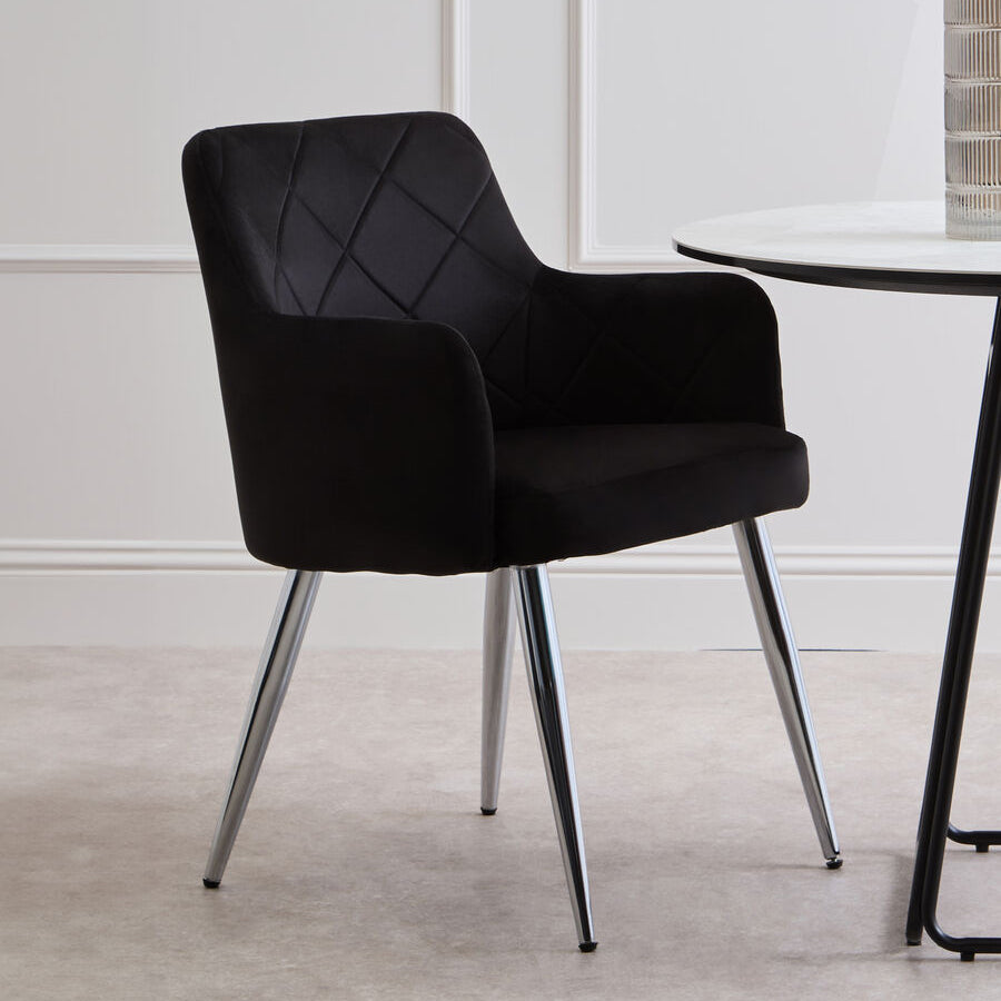 Tamzin Black Velvet Quilted Dining Chair with Chrome Finish Legs