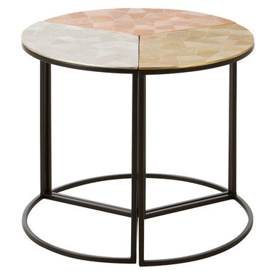 Set of 3 Assorted Etched Geometric Details Round Top Side Tables with Black Metallic Base, Mirano