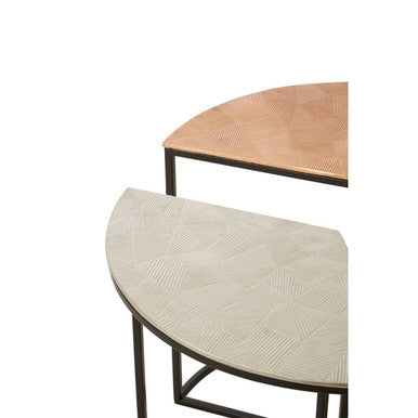 Set of 3 Assorted Etched Geometric Details Round Top Side Tables with Black Metallic Base, Mirano