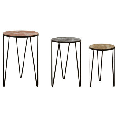 Set of 3 Assorted Textured Round Top Side Tables with Black Metallic Hairpin Legs, Mirano