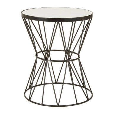 White Marble Top Side Table with Powder-Coated Black Iron Corset Base | Rabia