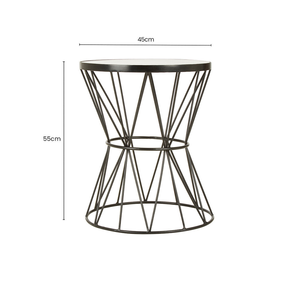 White Marble Top Side Table with Powder-Coated Black Iron Corset Base | Rabia
