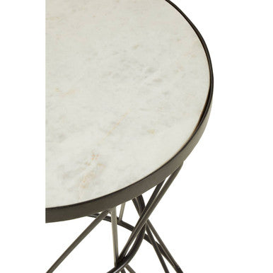 White Marble Top Side Table with Powder-Coated Black Iron Corset Base | Rabia