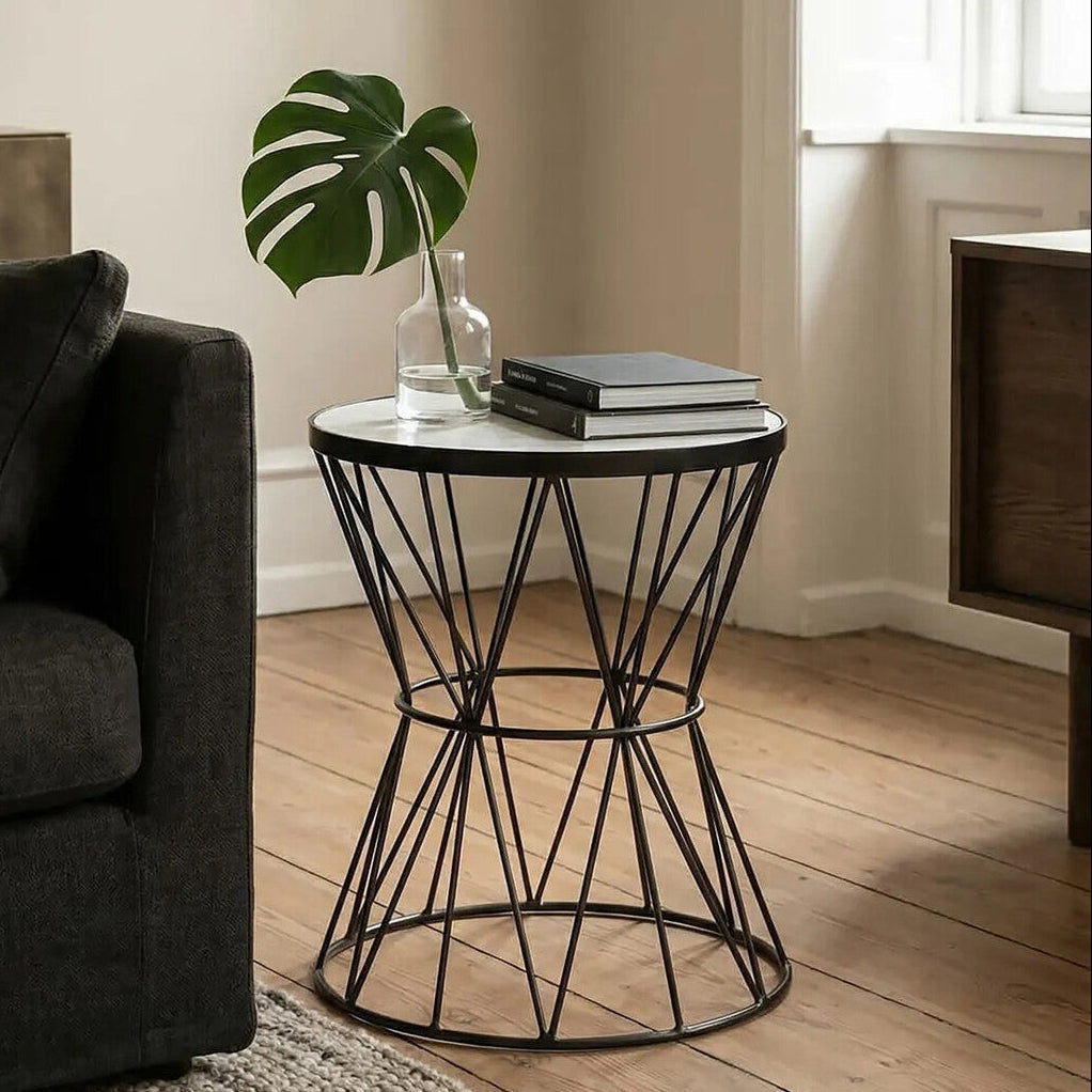 White Marble Top Side Table with Powder-Coated Black Iron Corset Base | Rabia