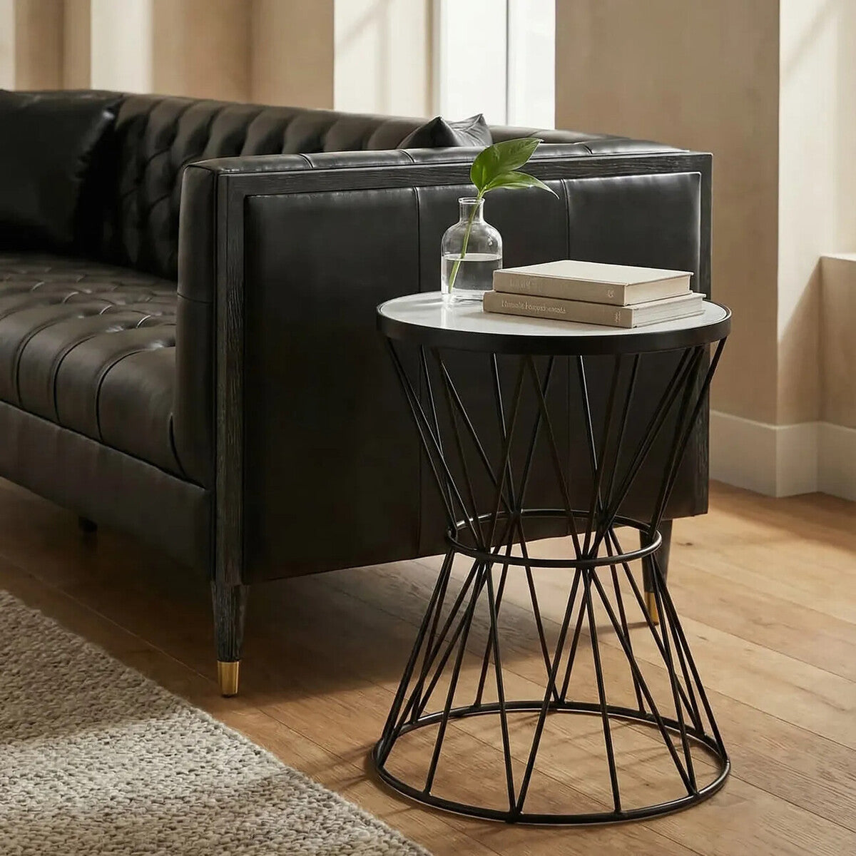 White Marble Top Side Table with Powder-Coated Black Iron Corset Base | Rabia