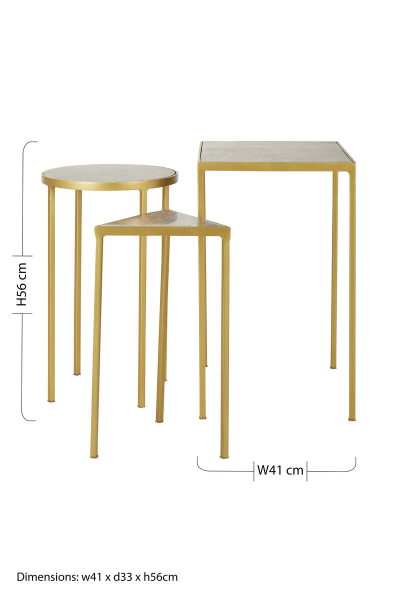 Grey Marble Top and Antique Brass Finish Set of 3 Nesting Tables, Rabia