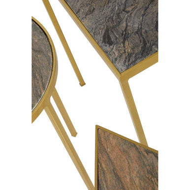 Grey Marble Top and Antique Brass Finish Set of 3 Nesting Tables, Rabia