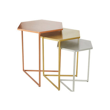 Nest of 3 Assorted Hexagonal Nesting Table with Metallic Tops, Rabia