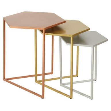 Nest of 3 Assorted Hexagonal Nesting Table with Metallic Tops, Rabia
