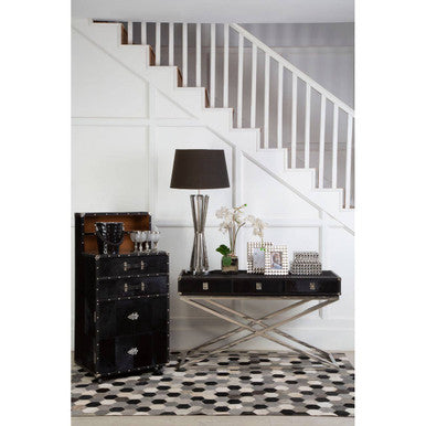 Black Hair-On-Leather Wood Top and Silver-Finished Frame Console Table with 3 Drawers, Kensington Townhouse